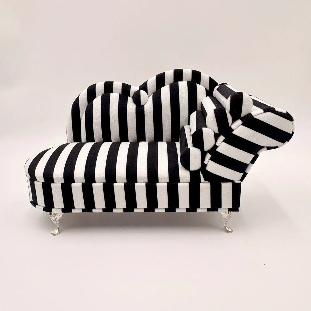 KOT Black White Striped Chaise Lounge Sofa Jewelry Box Mirror Ring Organizer
